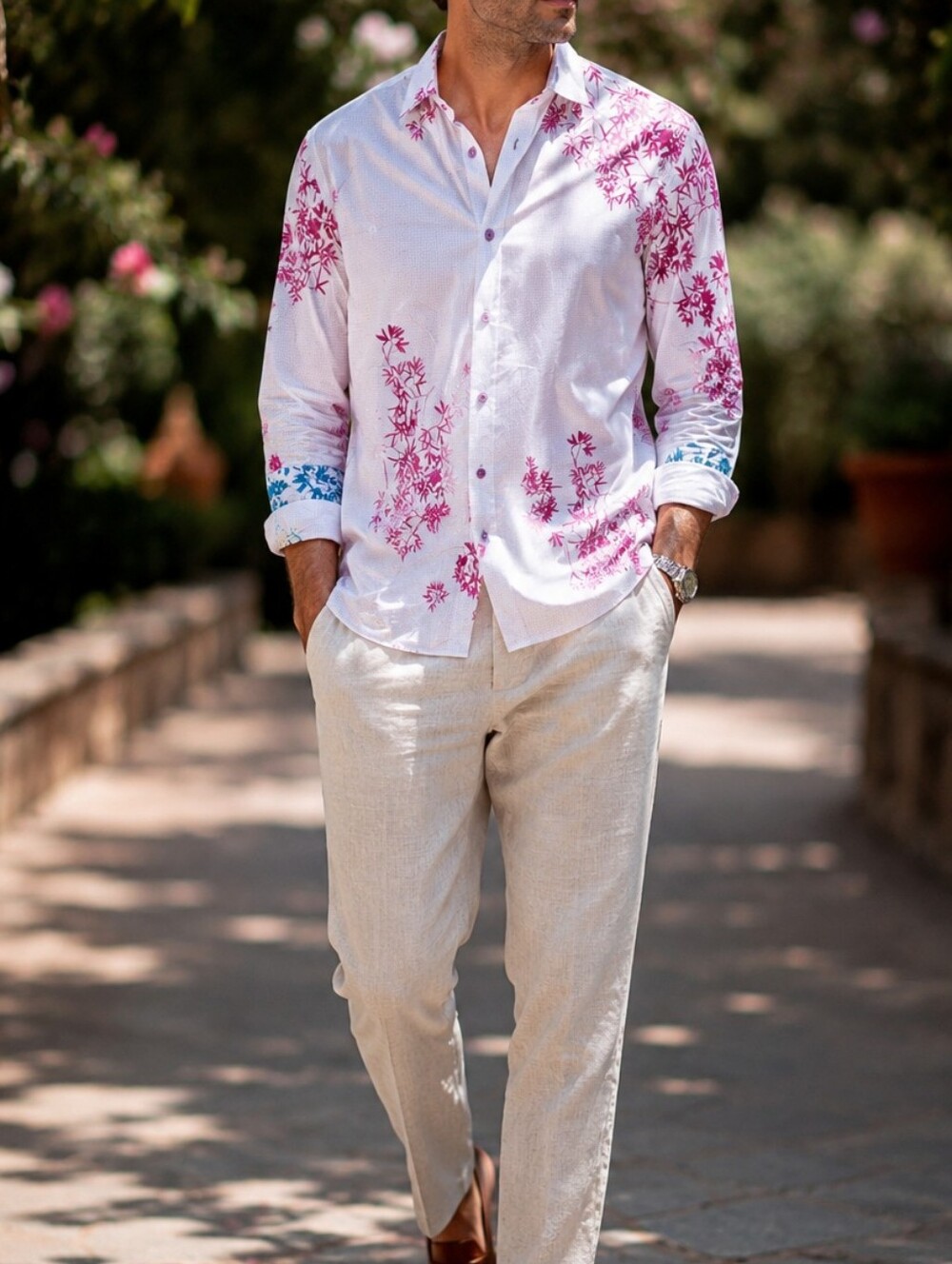 Ted Baker London White Pink Floral Print Button-Up Shirt Men's Long Sleeve
